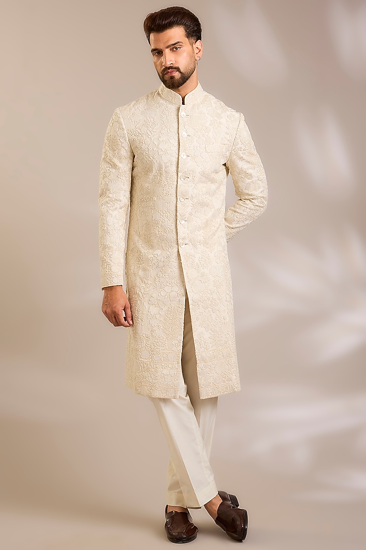 Ivory Silk Groom Sherwani Set by Dhruv Vaish at Pernia's Pop Up Shop