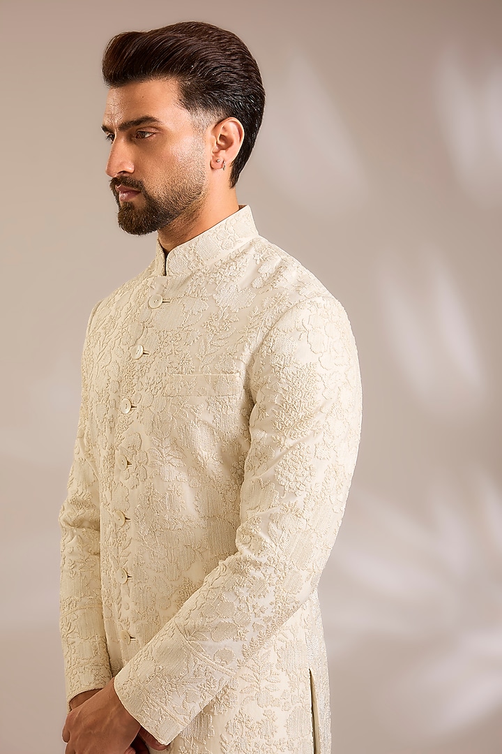 Ivory Silk Groom Sherwani Set by Dhruv Vaish at Pernia's Pop Up Shop