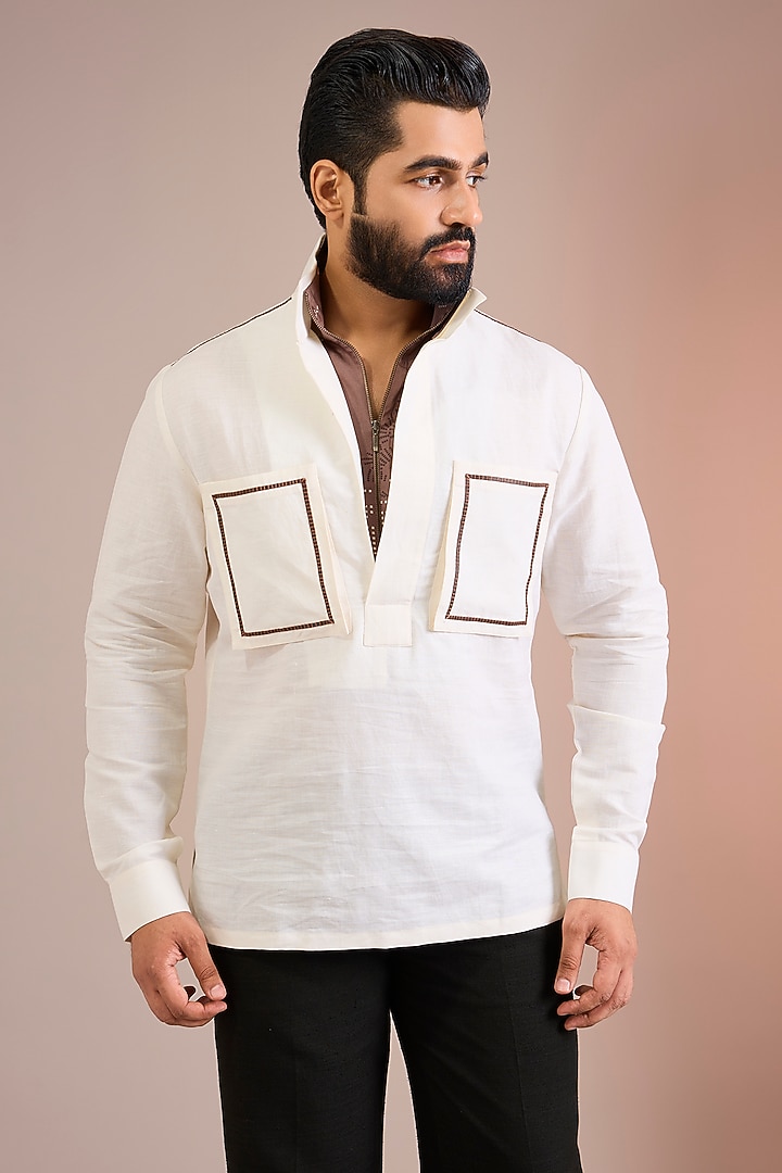 Ivory & Brown Cotton Silk Wedding Shirt by Dhruv Vaish at Pernia's Pop Up Shop