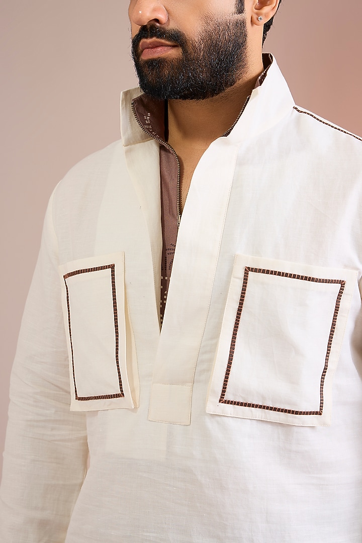 Ivory & Brown Cotton Silk Wedding Shirt by Dhruv Vaish at Pernia's Pop Up Shop