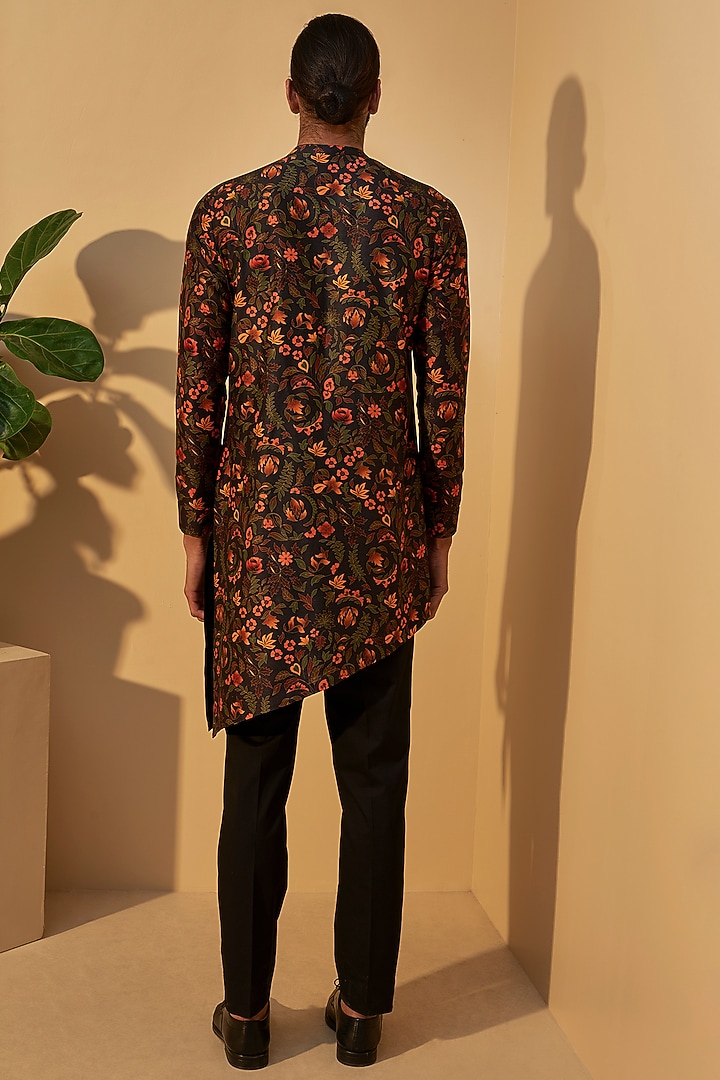 Black Chanderi Silk Tie-Dye Printed Asymmetric Kurta Set by Dhruv Vaish at Pernia's Pop Up Shop