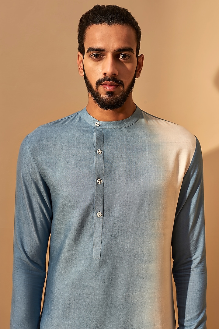 Blue & Yellow Cotton Silk Asymmetric Paneled Kurta Set by Dhruv Vaish at Pernia's Pop Up Shop