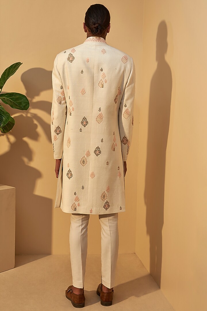 Cream Silk Metal Embroidered Groom Sherwani Set by Dhruv Vaish at Pernia's Pop Up Shop