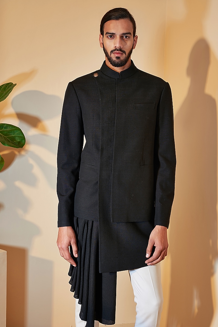 Black Silk Draped Wedding Indowestern Set by Dhruv Vaish at Pernia's Pop Up Shop
