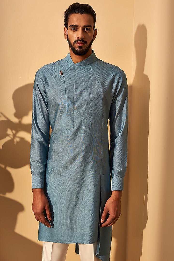Mineral Blue Cotton Silk Asymmetric Kurta Set by Dhruv Vaish at Pernia's Pop Up Shop