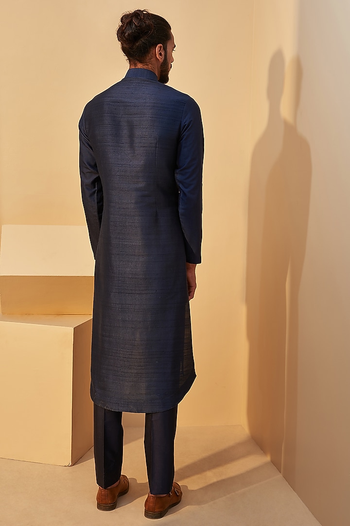Indigo Blue Raw Silk Embroidered Kurta Set by Dhruv Vaish at Pernia's Pop Up Shop