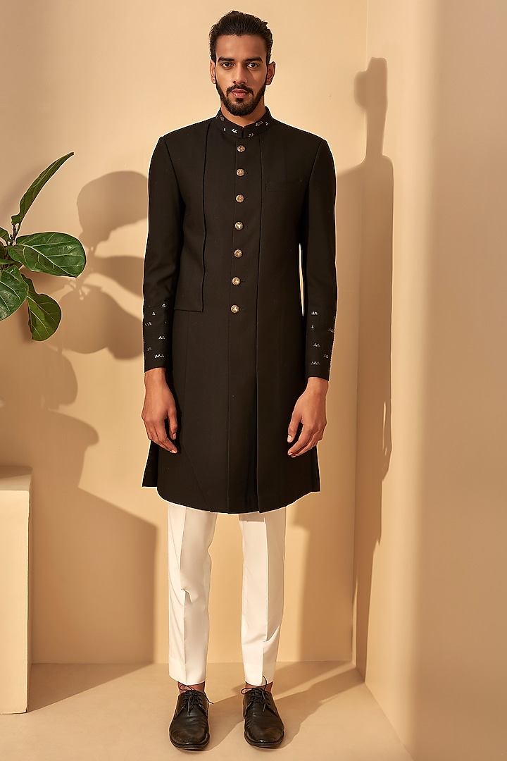 Taupe Embroidered Panelled Sherwani Set by Dhruv Vaish