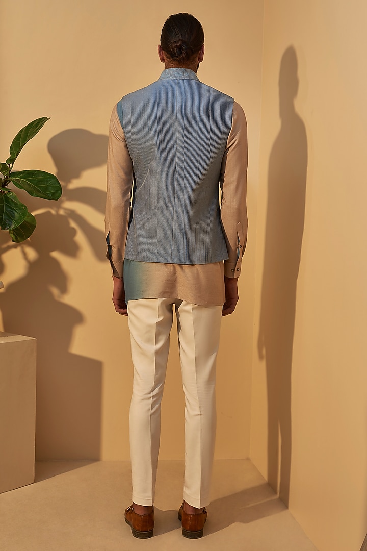 Mineral Blue Silk Thread Embroidered Nehru Jacket by Dhruv Vaish at Pernia's Pop Up Shop