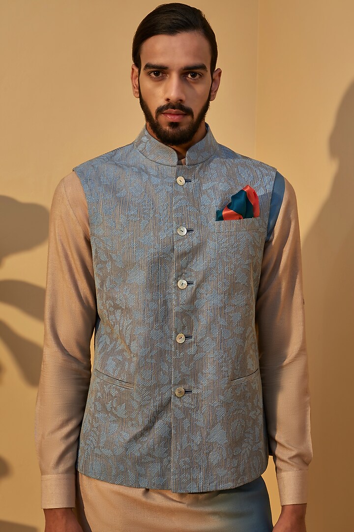 Mineral Blue Silk Thread Embroidered Nehru Jacket by Dhruv Vaish at Pernia's Pop Up Shop
