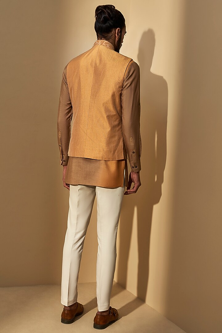 Ochre Yellow Silk Thread Embroidered Nehru Jacket With Kurta by Dhruv Vaish at Pernia's Pop Up Shop