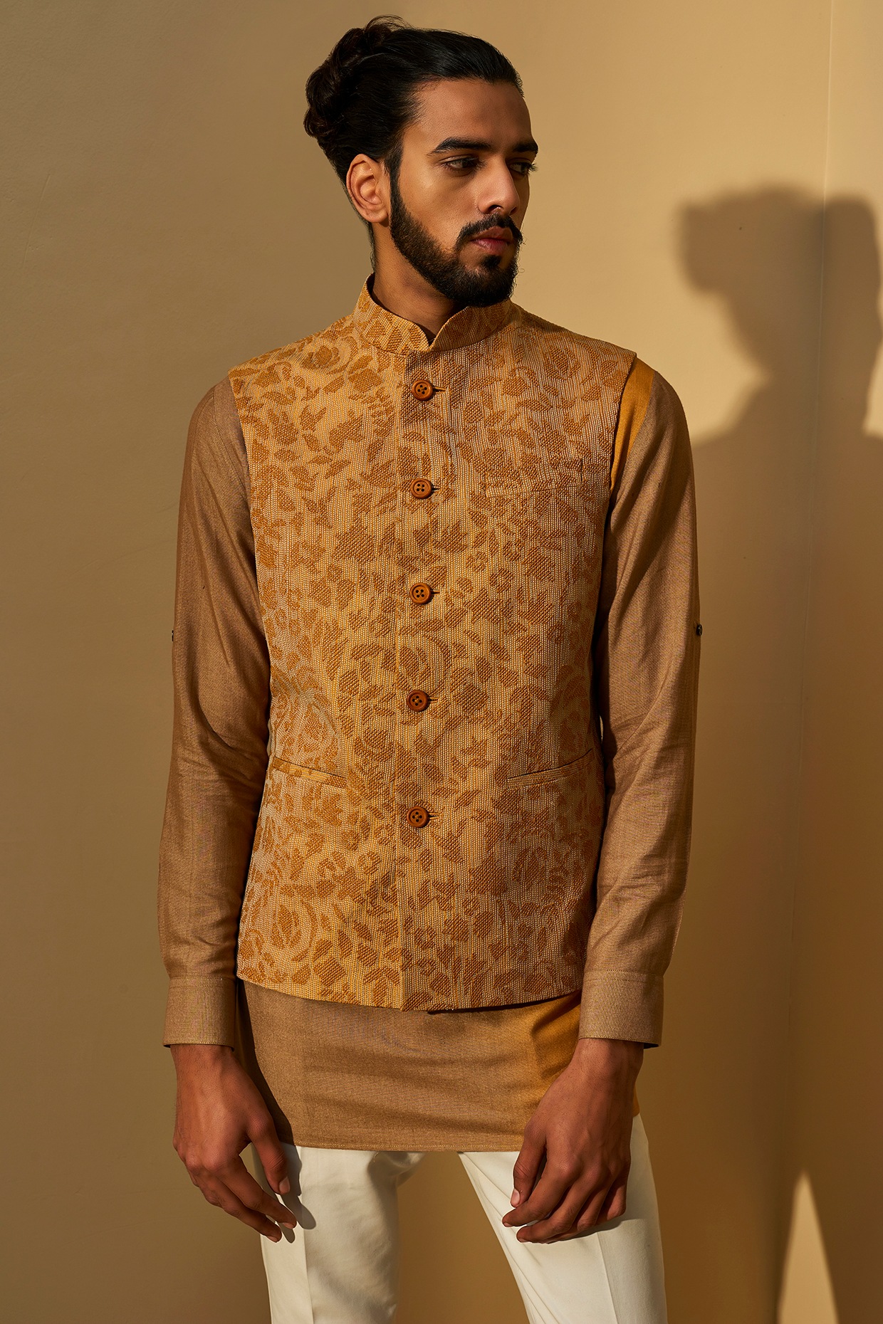 Sojanya (Since 1958), Men's Silk Blend Gold Kurta Churidaar Pyjama & Black  Sherwani Jacket Set