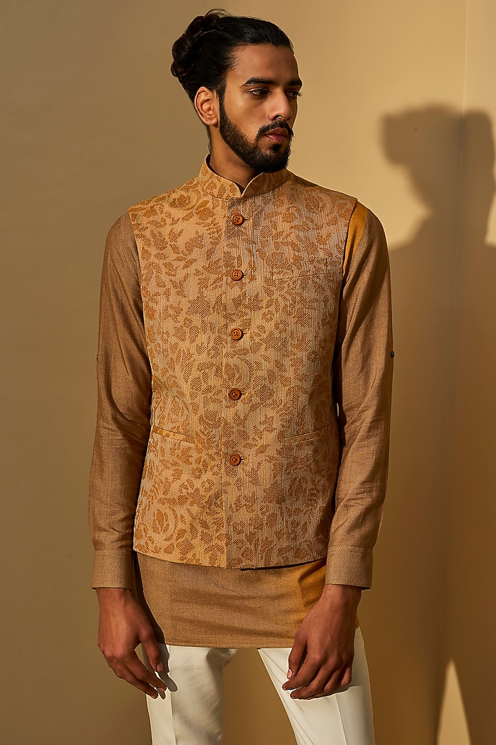 Ochre Yellow Silk Thread Embroidered Nehru Jacket With Kurta by Dhruv Vaish at Pernia's Pop Up Shop