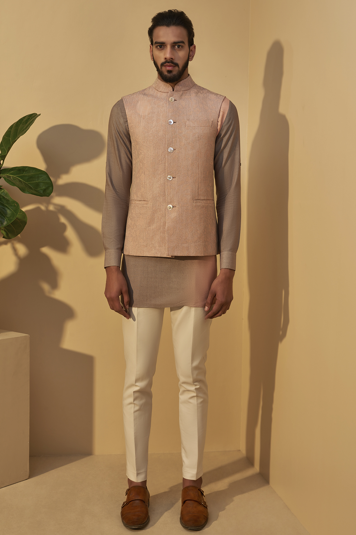 Sand Rose Pink Embroidered Jacket With Short Kurta by Dhruv Vaish