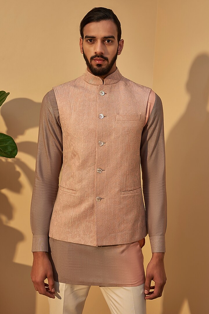Sand Rose Pink Silk Thread Embroidered Nehru Jacket by Dhruv Vaish at Pernia's Pop Up Shop