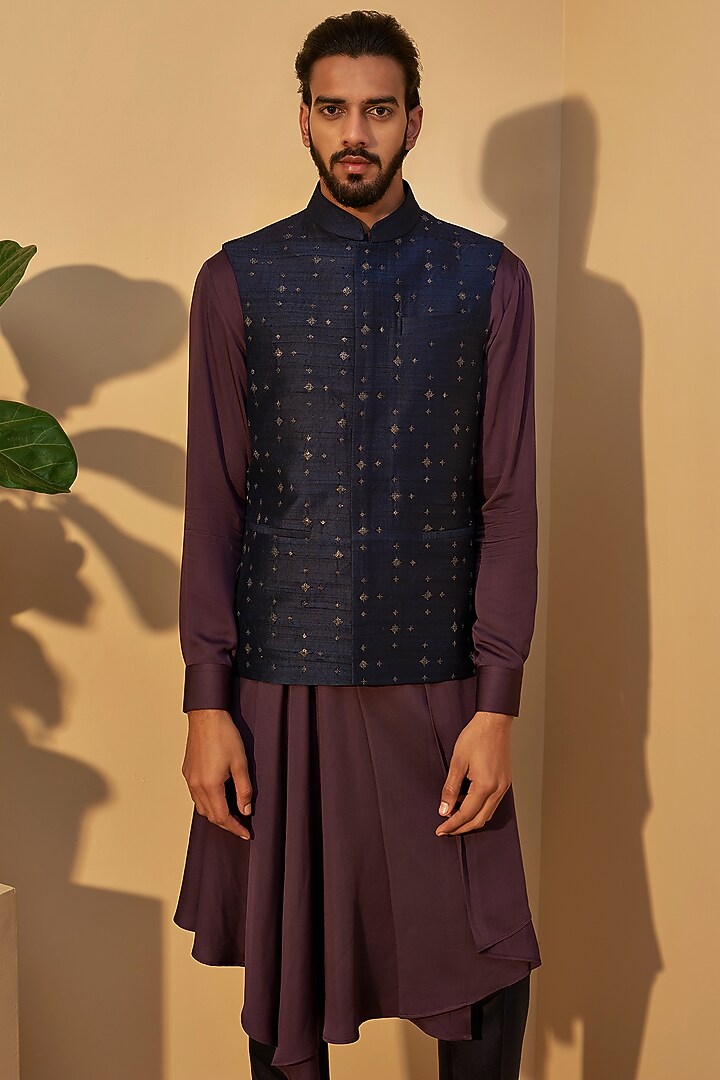 Indigo Blue Silk Metal Embroidered Nehru Jacket by Dhruv Vaish at Pernia's Pop Up Shop