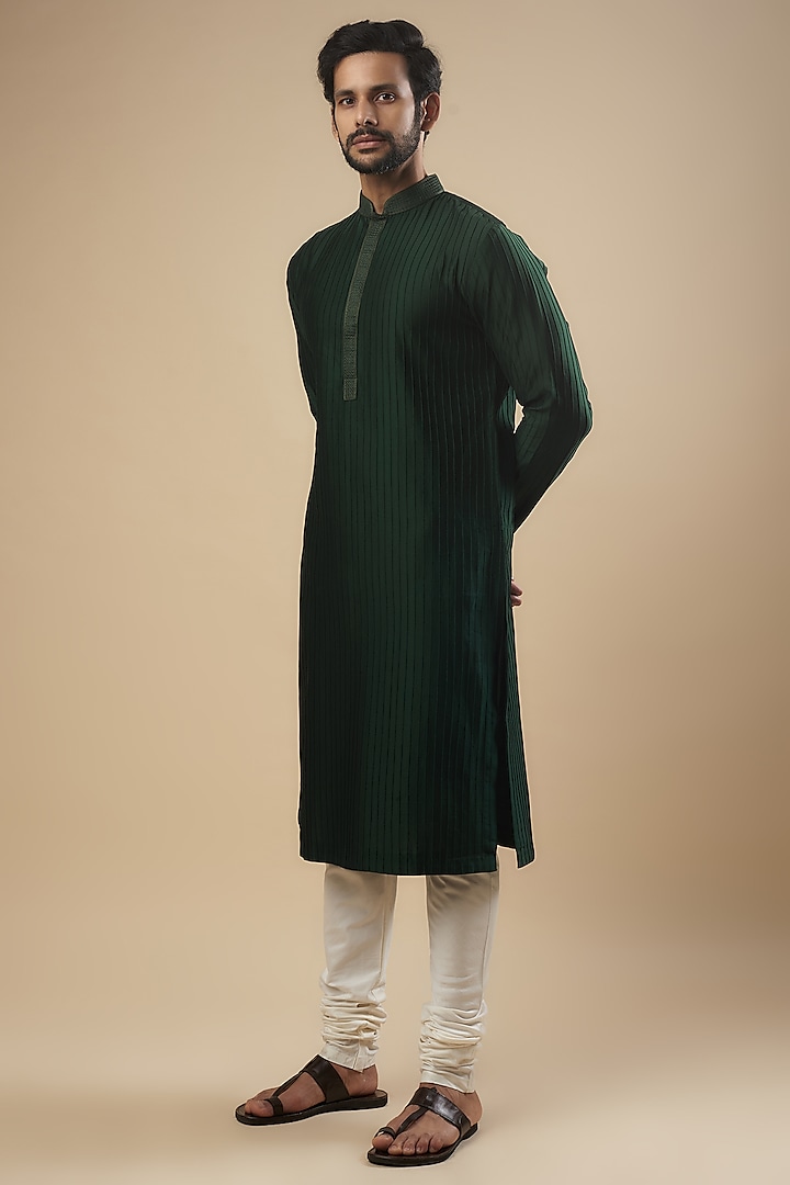 Bottle Green Cotton Silk Chanderi Printed Kurta Set by Dhruv Vaish