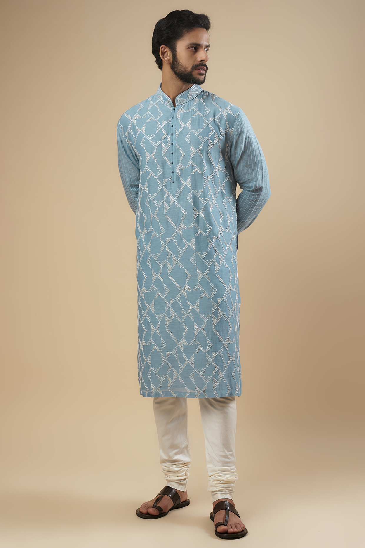 Mineral Blue Cotton Silk Chanderi Thread Embroidered Kurta Set by Dhruv Vaish