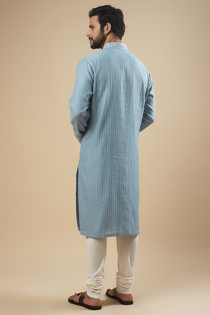 Mineral Blue Cotton Silk Chanderi Thread Embroidered Kurta Set by Dhruv Vaish at Pernia's Pop Up Shop