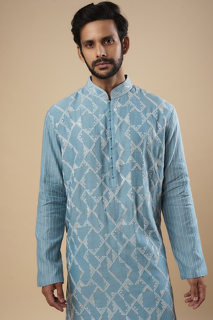Mineral Blue Cotton Silk Chanderi Thread Embroidered Kurta Set by Dhruv Vaish at Pernia's Pop Up Shop