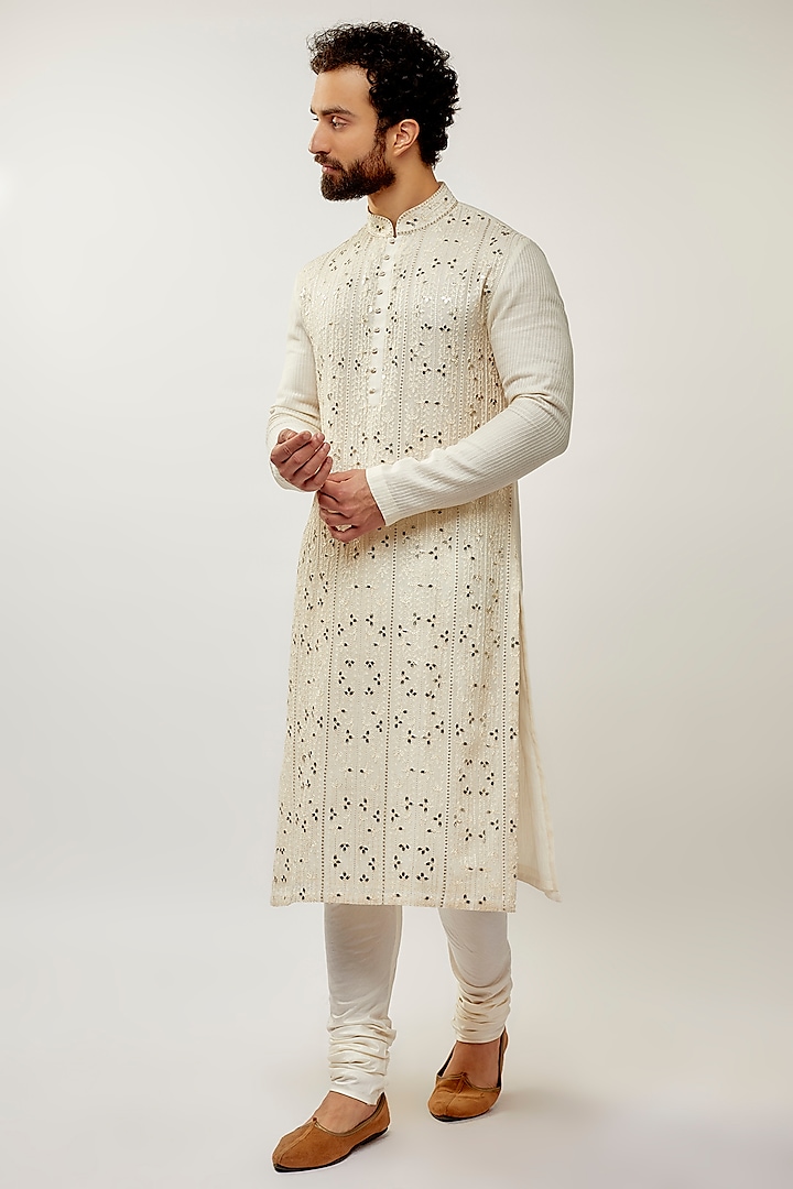 Ivory Cotton Silk Chanderi Embroidered Kurta Set by Dhruv Vaish