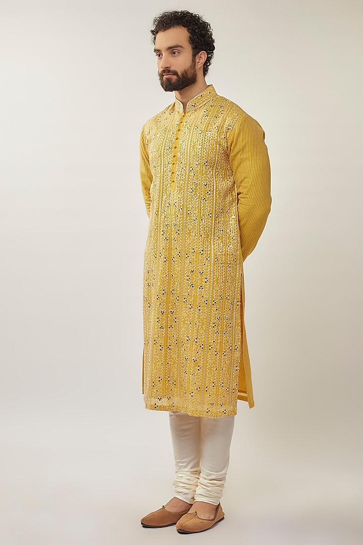 Marigold Cotton Silk Chanderi Embroidered Kurta Set by Dhruv Vaish