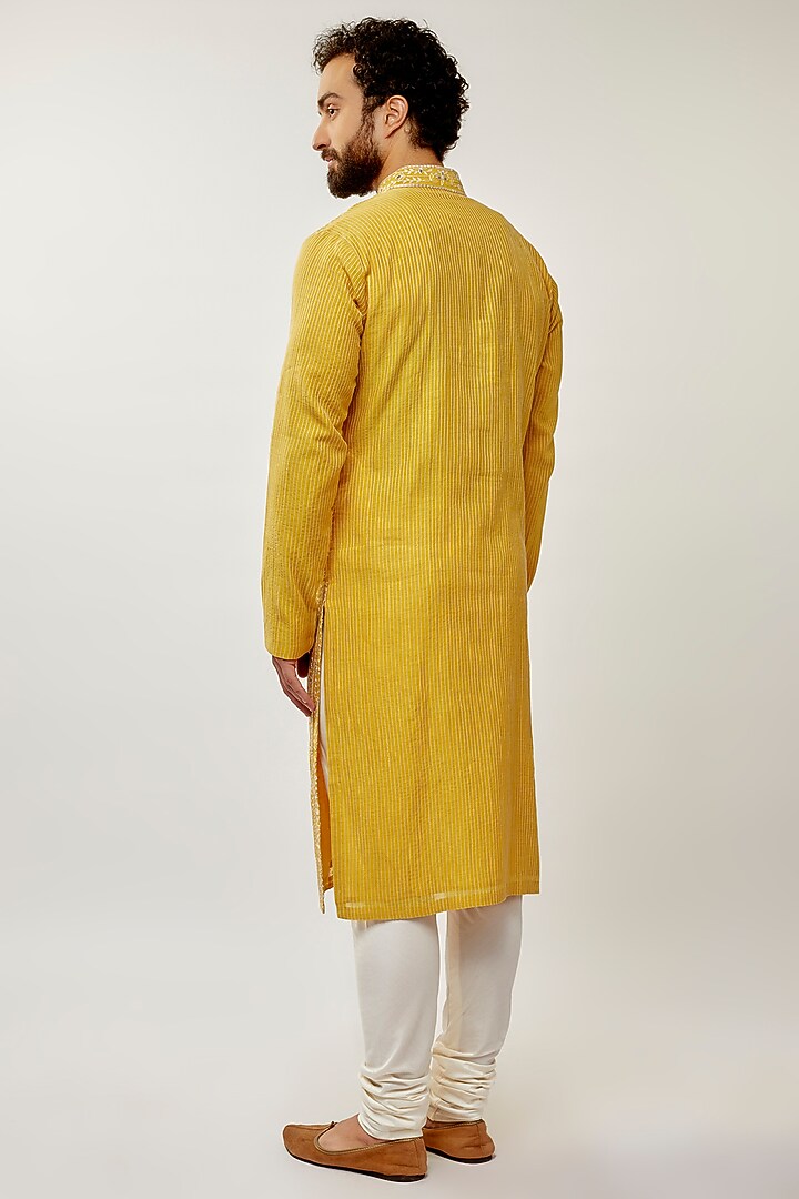 Marigold Cotton Silk Chanderi Embroidered Kurta Set by Dhruv Vaish at Pernia's Pop Up Shop