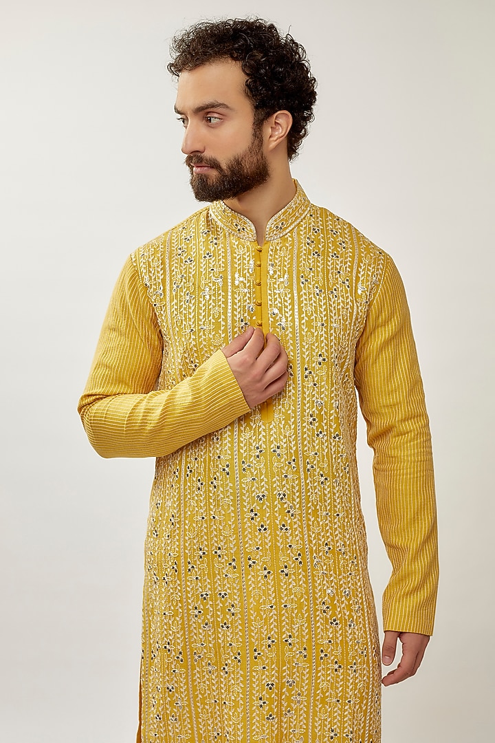 Marigold Cotton Silk Chanderi Embroidered Kurta Set by Dhruv Vaish at Pernia's Pop Up Shop