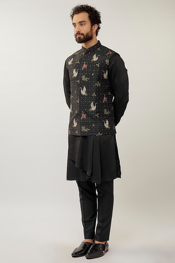 Black Silk Thread Embroidered Nehru Jacket Set by Dhruv Vaish
