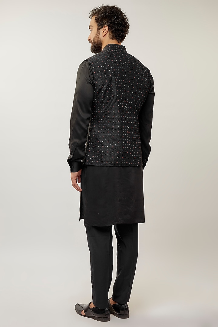 Black Silk Thread Embroidered Nehru Jacket Set by Dhruv Vaish at Pernia's Pop Up Shop
