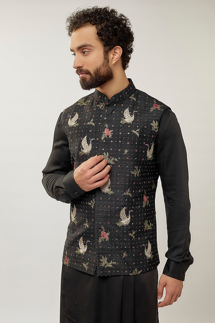 Black Silk Thread Embroidered Nehru Jacket Set by Dhruv Vaish at Pernia's Pop Up Shop