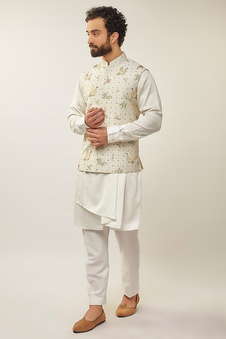 Ivory Silk Thread Embroidered Nehru Jacket Set by Dhruv Vaish