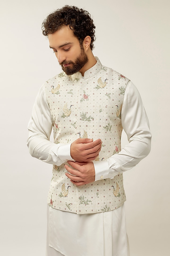 Ivory Silk Thread Embroidered Nehru Jacket Set by Dhruv Vaish at Pernia's Pop Up Shop