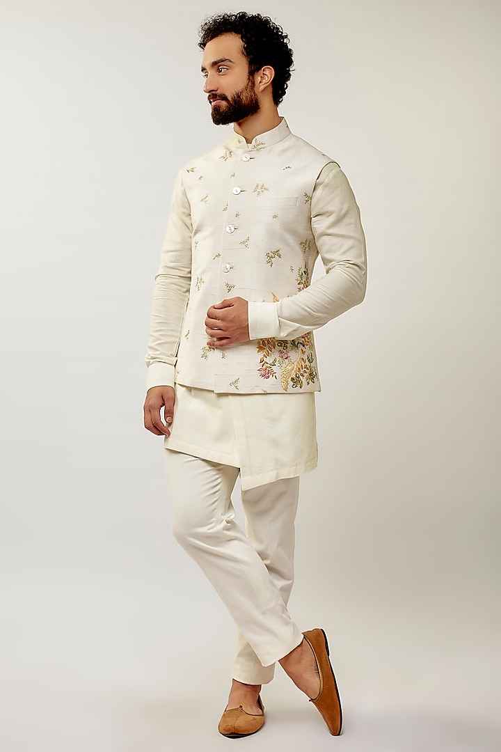 Ivory Silk Thread Embroidered Nehru Jacket Set by Dhruv Vaish