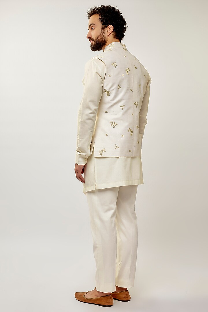 Ivory Silk Thread Embroidered Nehru Jacket Set by Dhruv Vaish at Pernia's Pop Up Shop