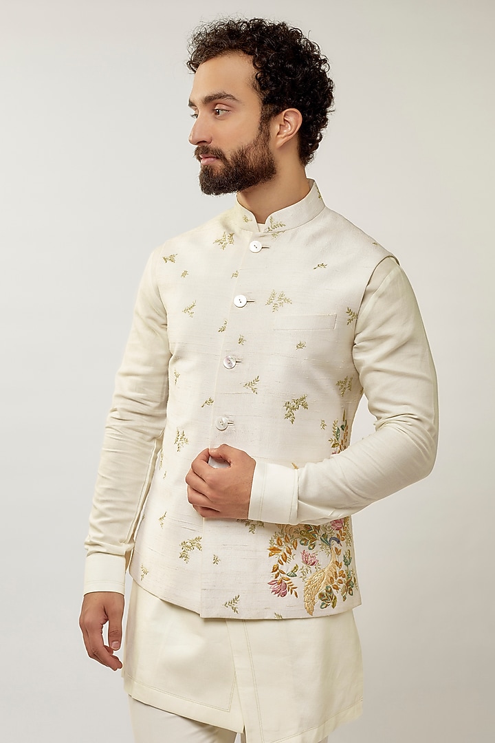 Ivory Silk Thread Embroidered Nehru Jacket Set by Dhruv Vaish at Pernia's Pop Up Shop