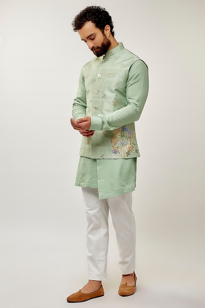 Jade Mist Silk Thread Embroidered Nehru Jacket Set by Dhruv Vaish