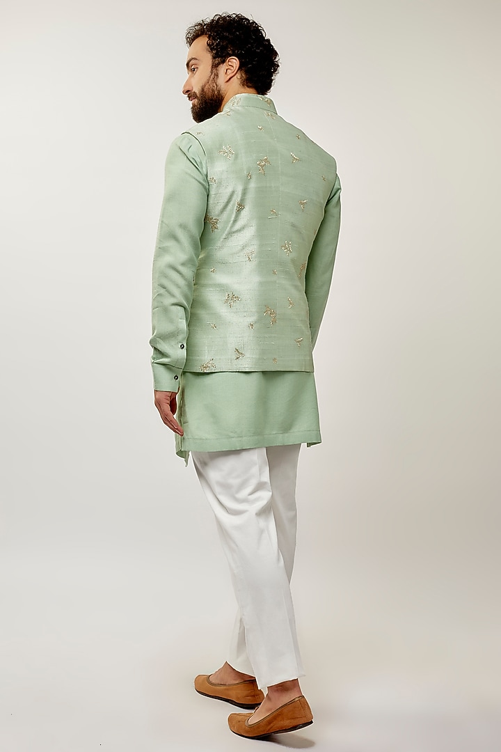 Jade Mist Silk Thread Embroidered Nehru Jacket Set by Dhruv Vaish at Pernia's Pop Up Shop