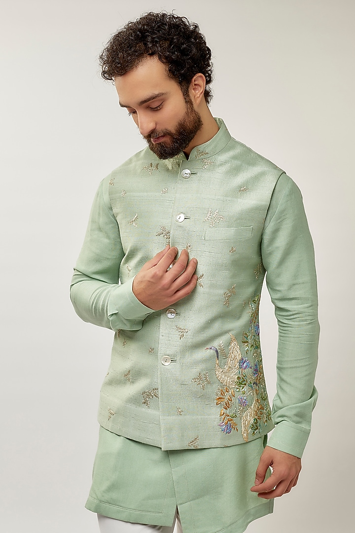 Jade Mist Silk Thread Embroidered Nehru Jacket Set by Dhruv Vaish at Pernia's Pop Up Shop