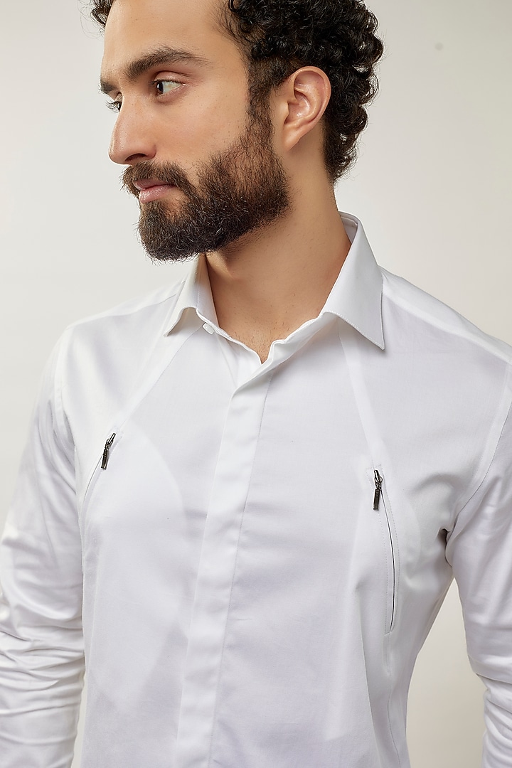 White Cotton Satin Party Wear Shirt by Dhruv Vaish at Pernia's Pop Up Shop