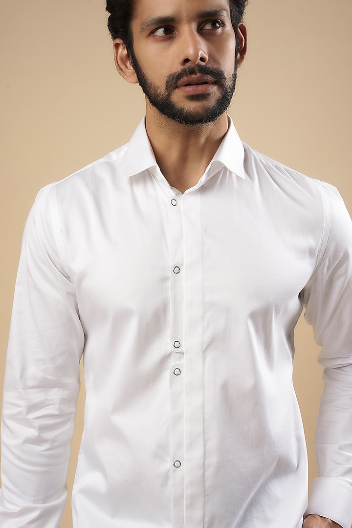 White Cotton Satin Party Wear Shirt by Dhruv Vaish at Pernia's Pop Up Shop