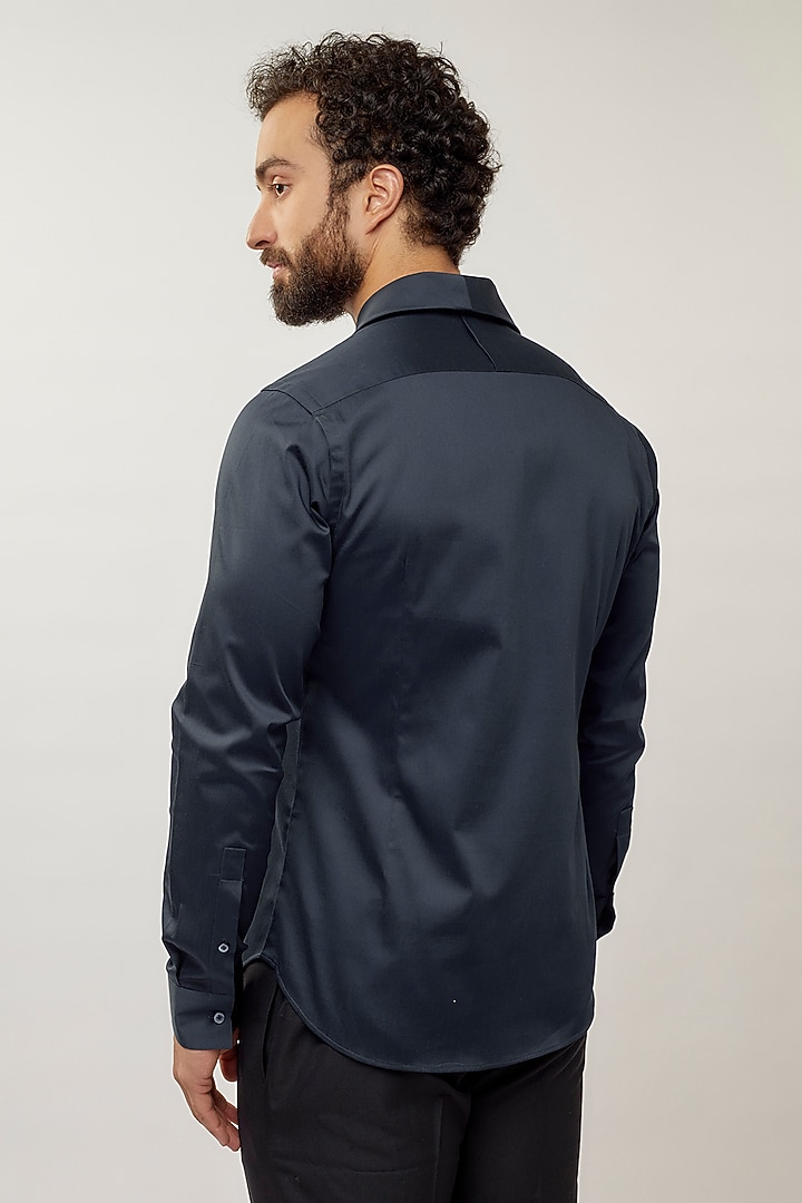 Navy Blue Cotton Satin Button Down Party Wear Shirt by Dhruv Vaish at Pernia's Pop Up Shop