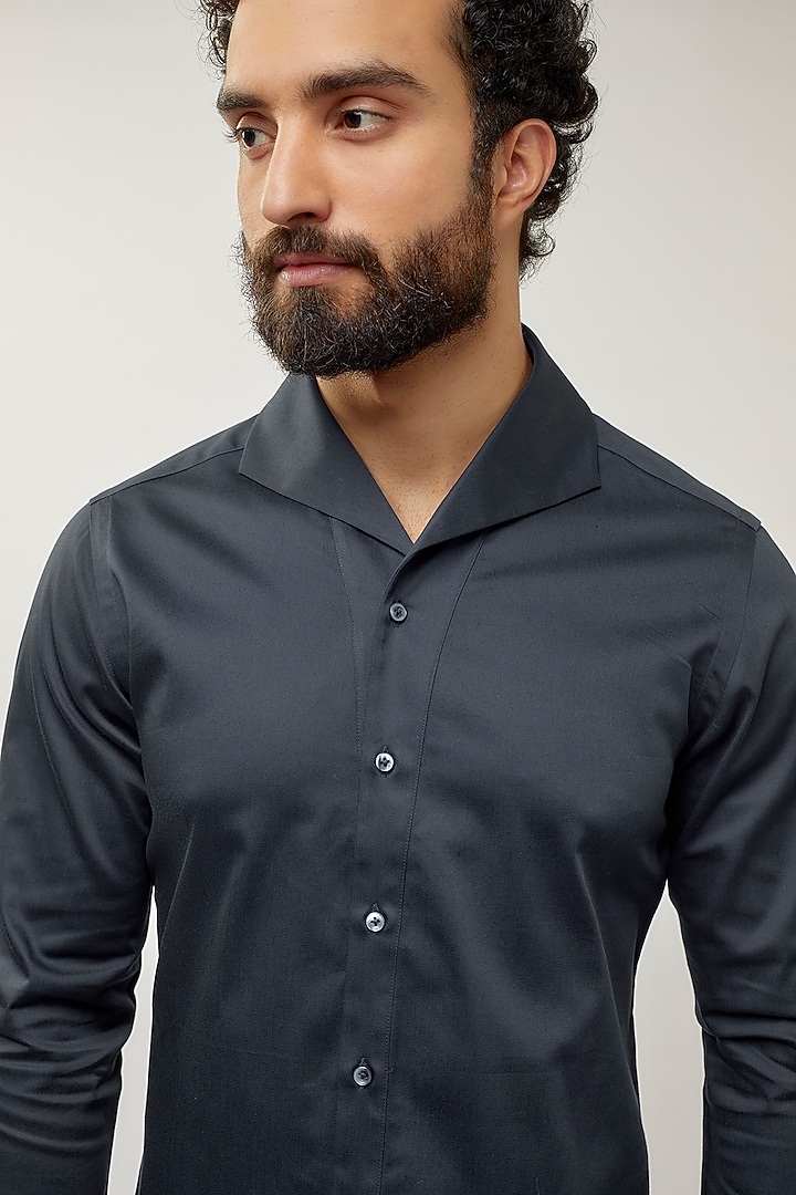 Navy Blue Cotton Satin Button Down Party Wear Shirt by Dhruv Vaish at Pernia's Pop Up Shop