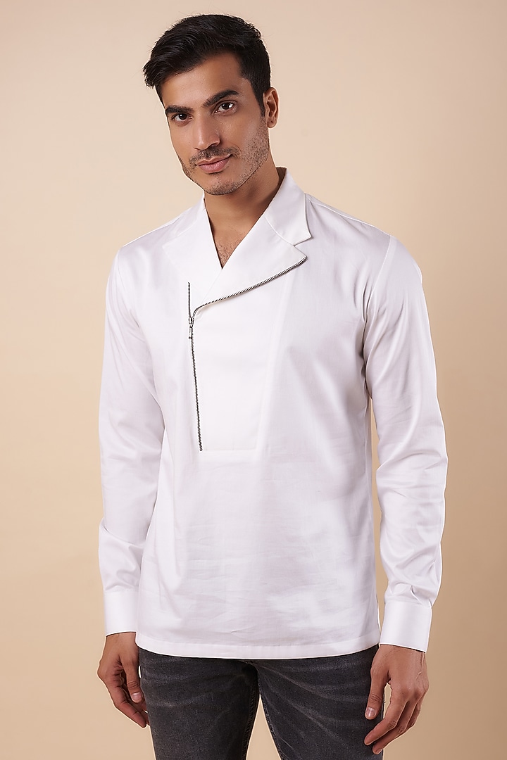 White Cotton Satin Asymmetric Party Wear Shirt by Dhruv Vaish at Pernia's Pop Up Shop