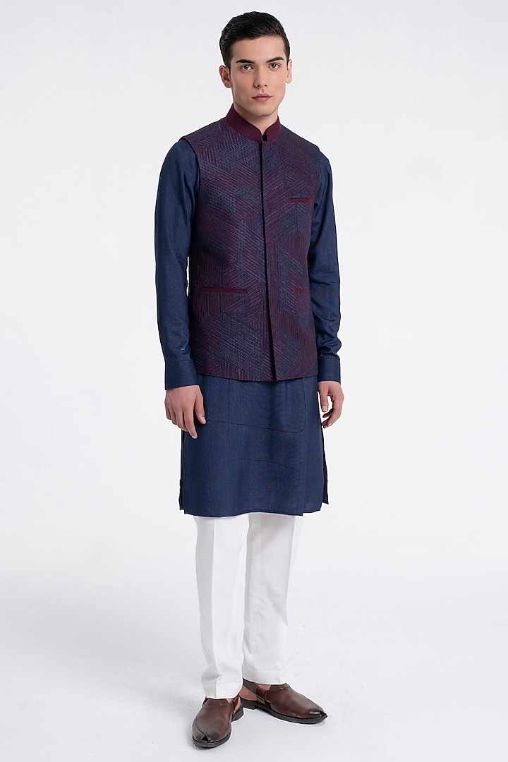 Navy Ruby Silk Embroidered Bundi Jacket by Dhruv Vaish at Pernia's Pop Up Shop