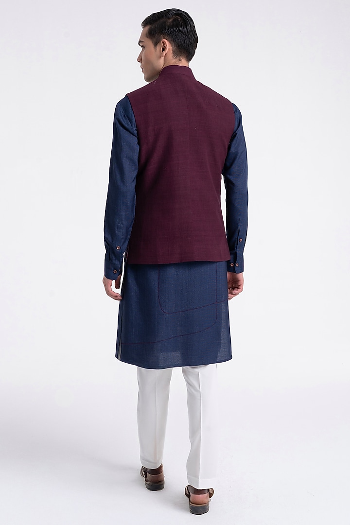 Navy Ruby Silk Embroidered Bundi Jacket by Dhruv Vaish at Pernia's Pop Up Shop