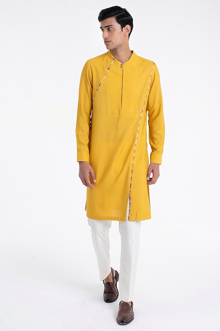 Marigold Cotton Silk Thread Embroidered Kurta Set by Dhruv Vaish