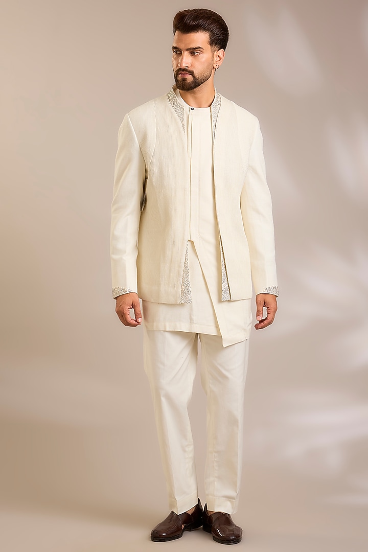 Ivory Silk Groom Indowestern Set by Dhruv Vaish at Pernia's Pop Up Shop