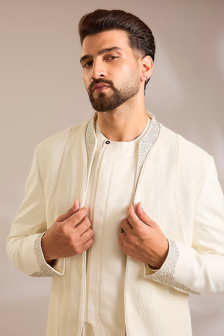 Ivory Silk Groom Indowestern Set by Dhruv Vaish at Pernia's Pop Up Shop