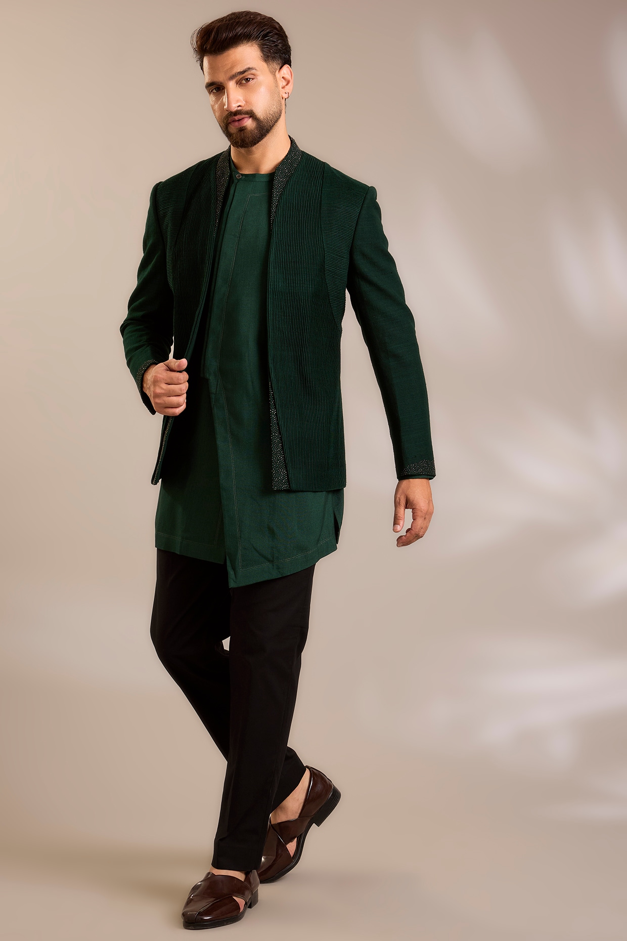 Dhruv Vaish Bottle Green Silk Indowestern Set