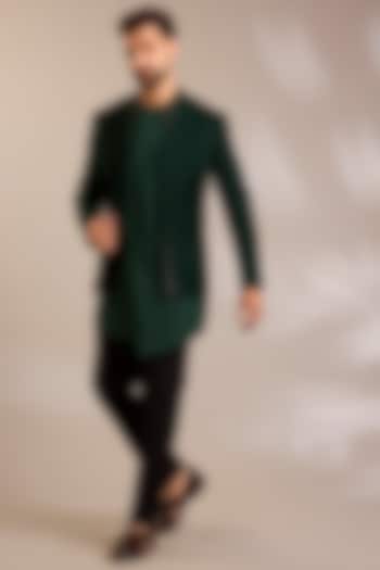 Bottle Green Silk Groom Indowestern Set by Dhruv Vaish at Pernia's Pop Up Shop